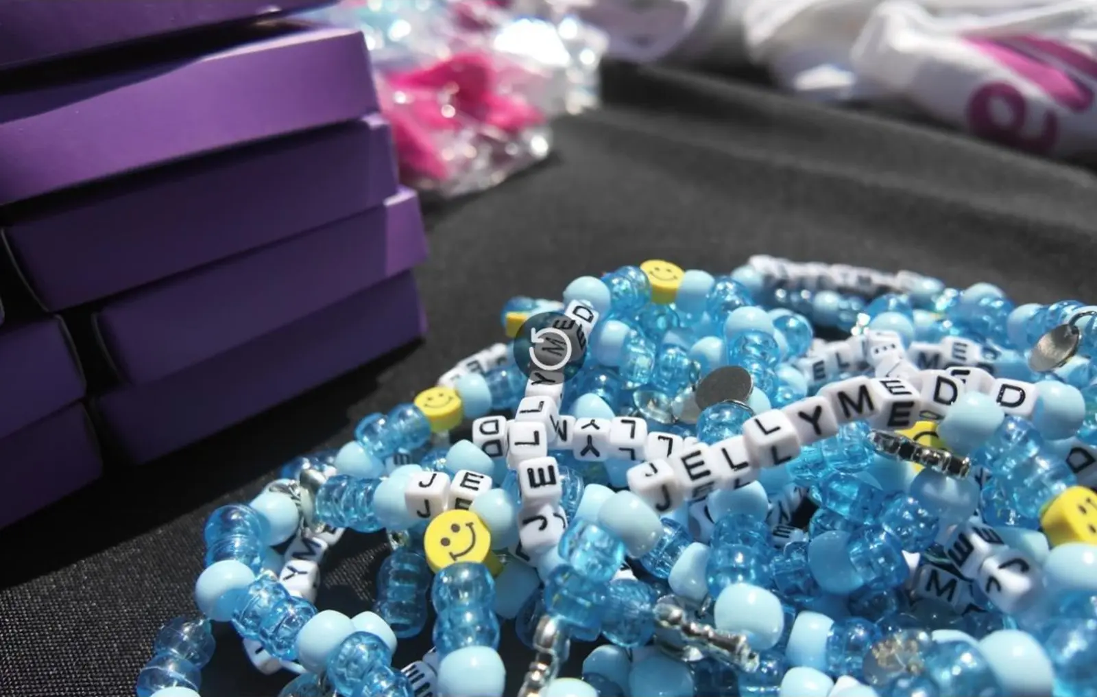 Blue JellyMed kandi bracelets made for festival guests