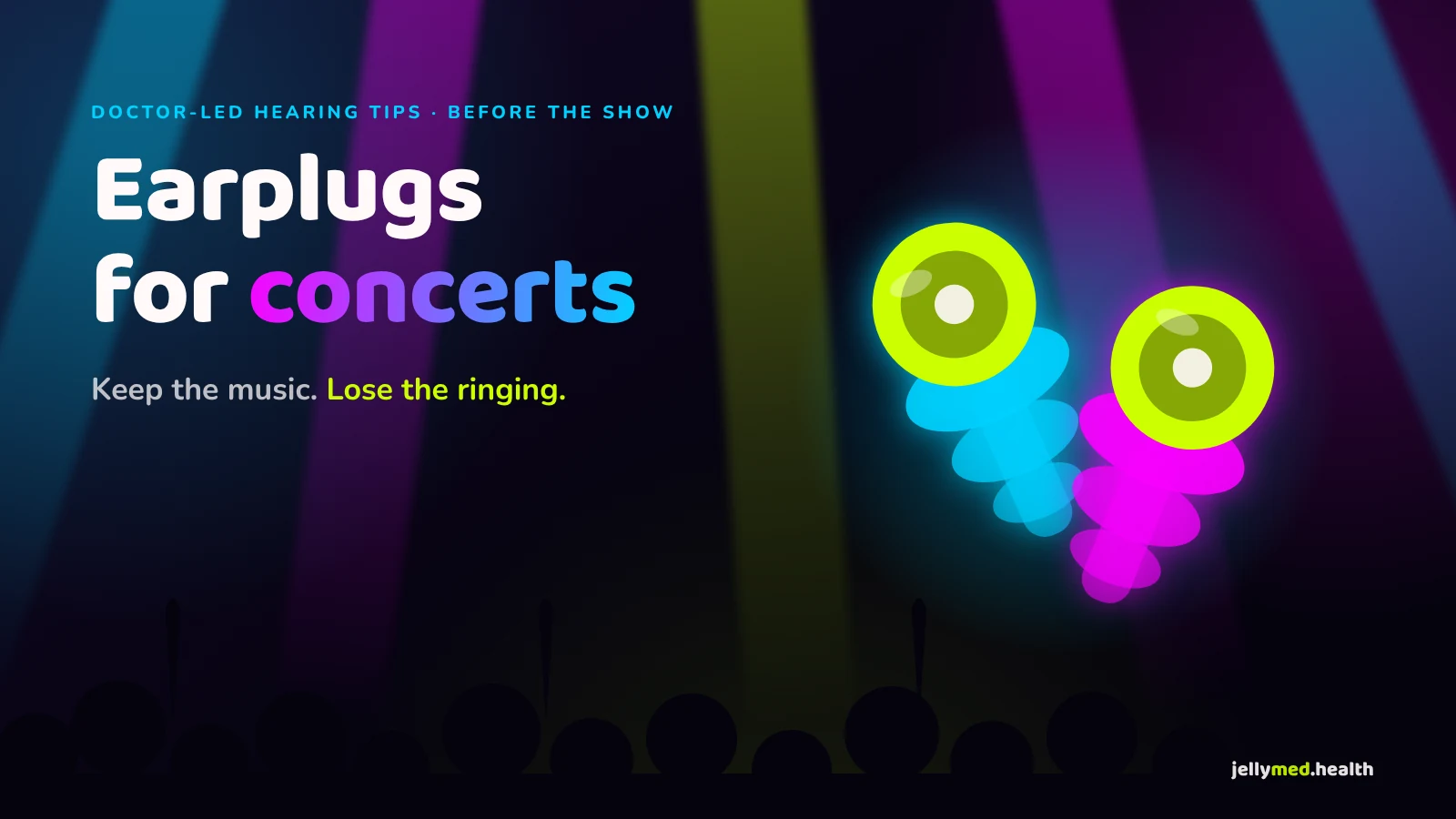 Neon illustration of a pair of glowing concert earplugs in front of a festival stage with aqua, pink and lime lights