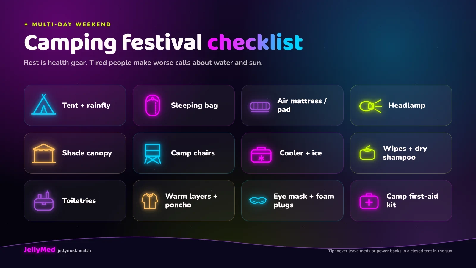 Camping festival checklist Neon campsite checklist illustration with a tent, sleeping bag, air mattress, headlamp and shade canopy under a starry sky