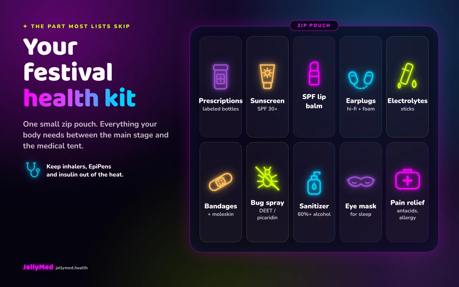 What goes in a festival health kit Neon illustration of a festival health kit pouch opened to show prescription bottle, sunscreen, earplugs, electrolyte sticks, bandages and moleskin