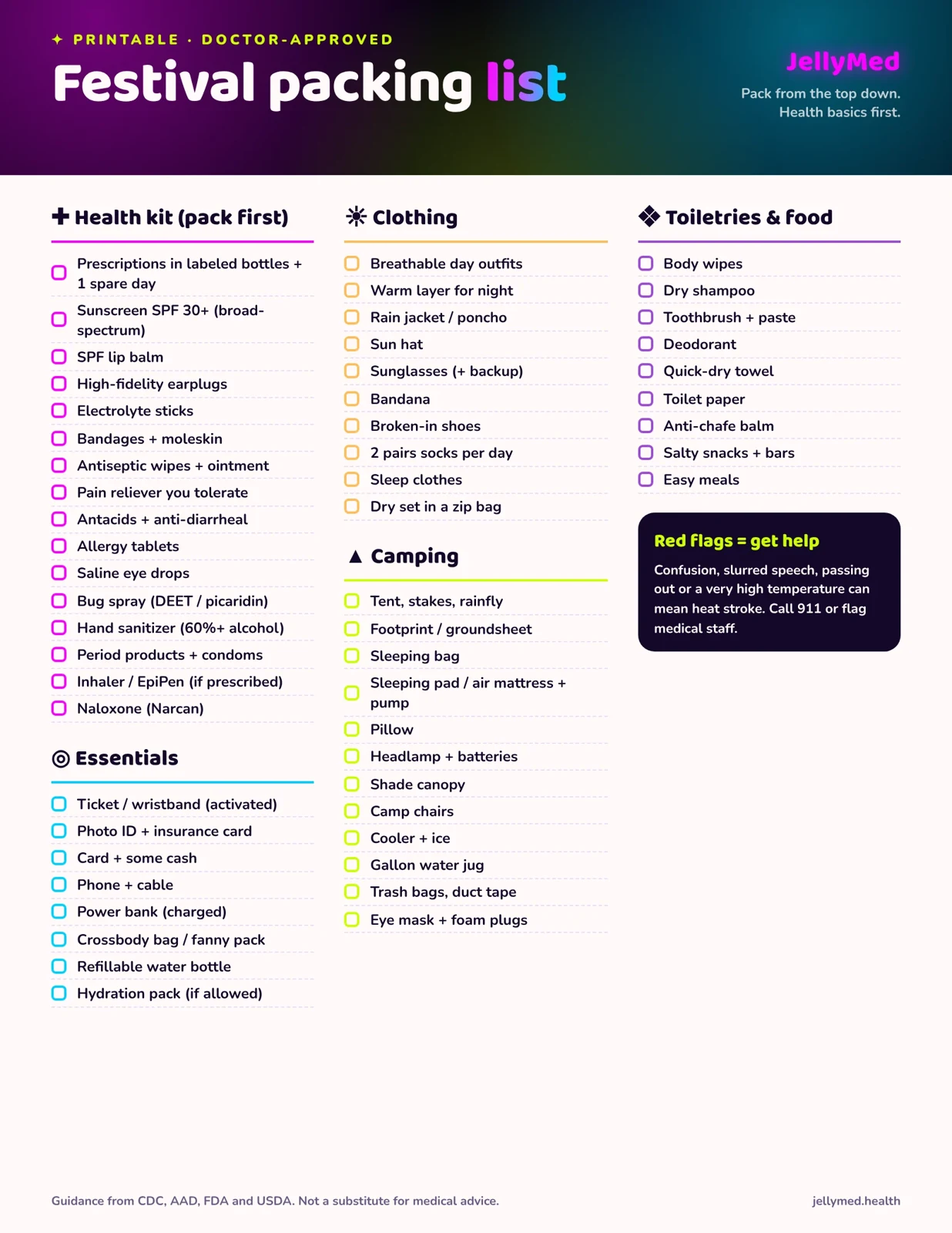 Printable festival packing list Printable festival packing list checklist in JellyMed colors with tick boxes for health kit, essentials, clothing and camping gear