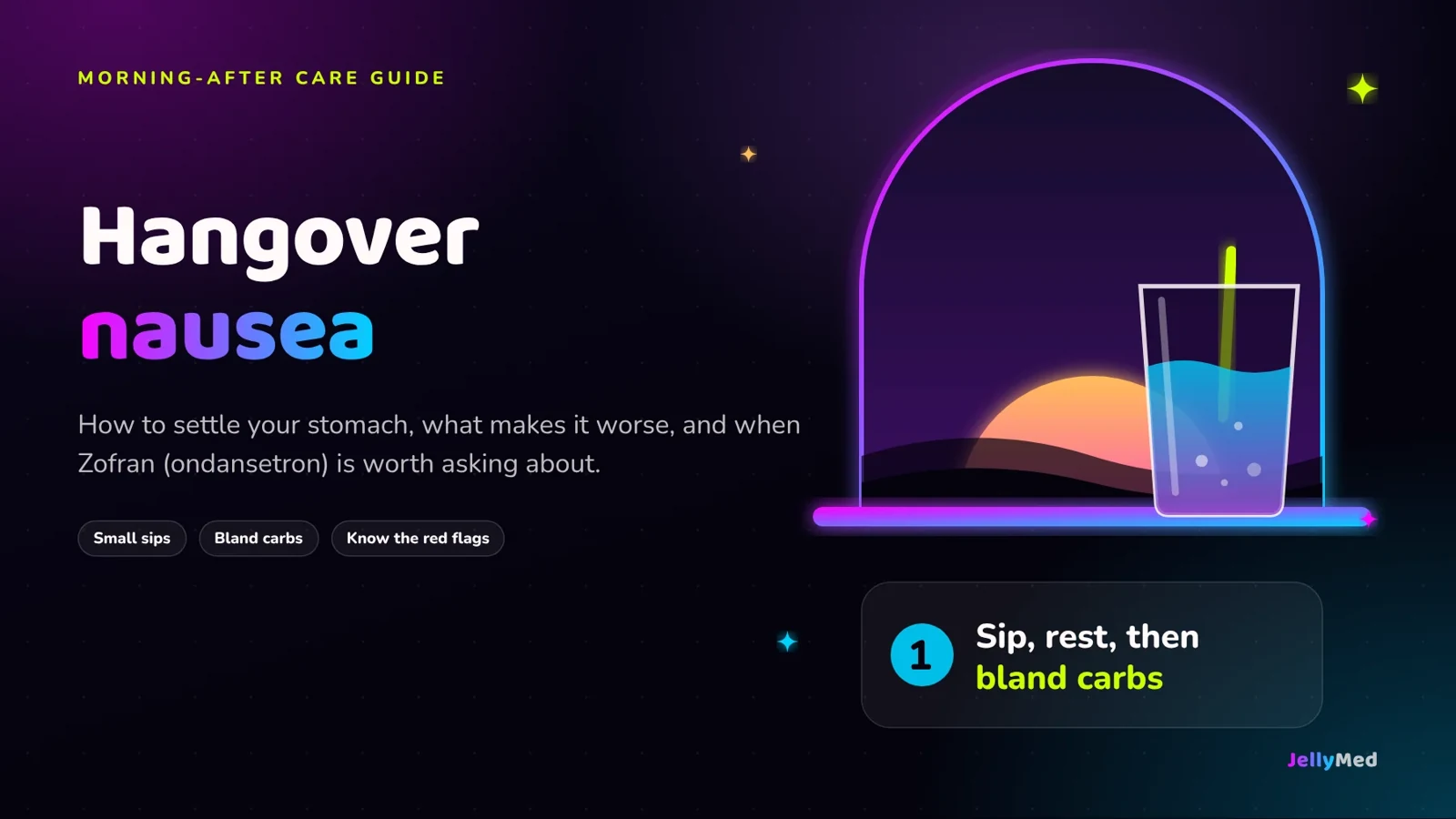 Neon illustration of a glass of water with a straw on a windowsill at sunrise, titled Hangover nausea, in night blue with pink and aqua glow