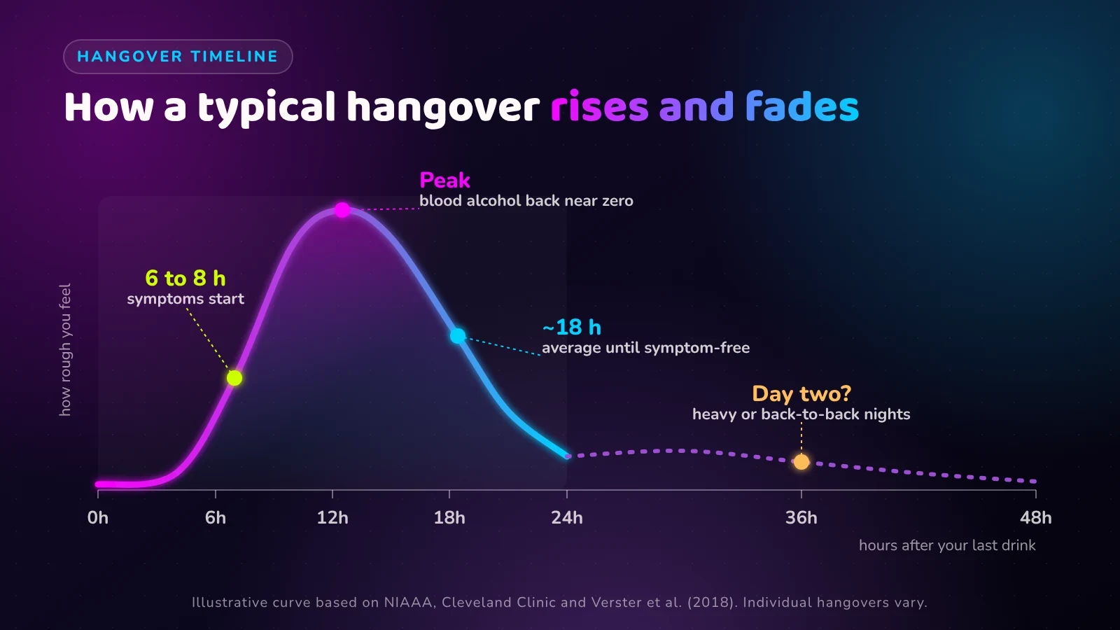 Hangover timeline infographic showing symptoms building after drinking, peaking around 12 hours and fading by 24 hours
