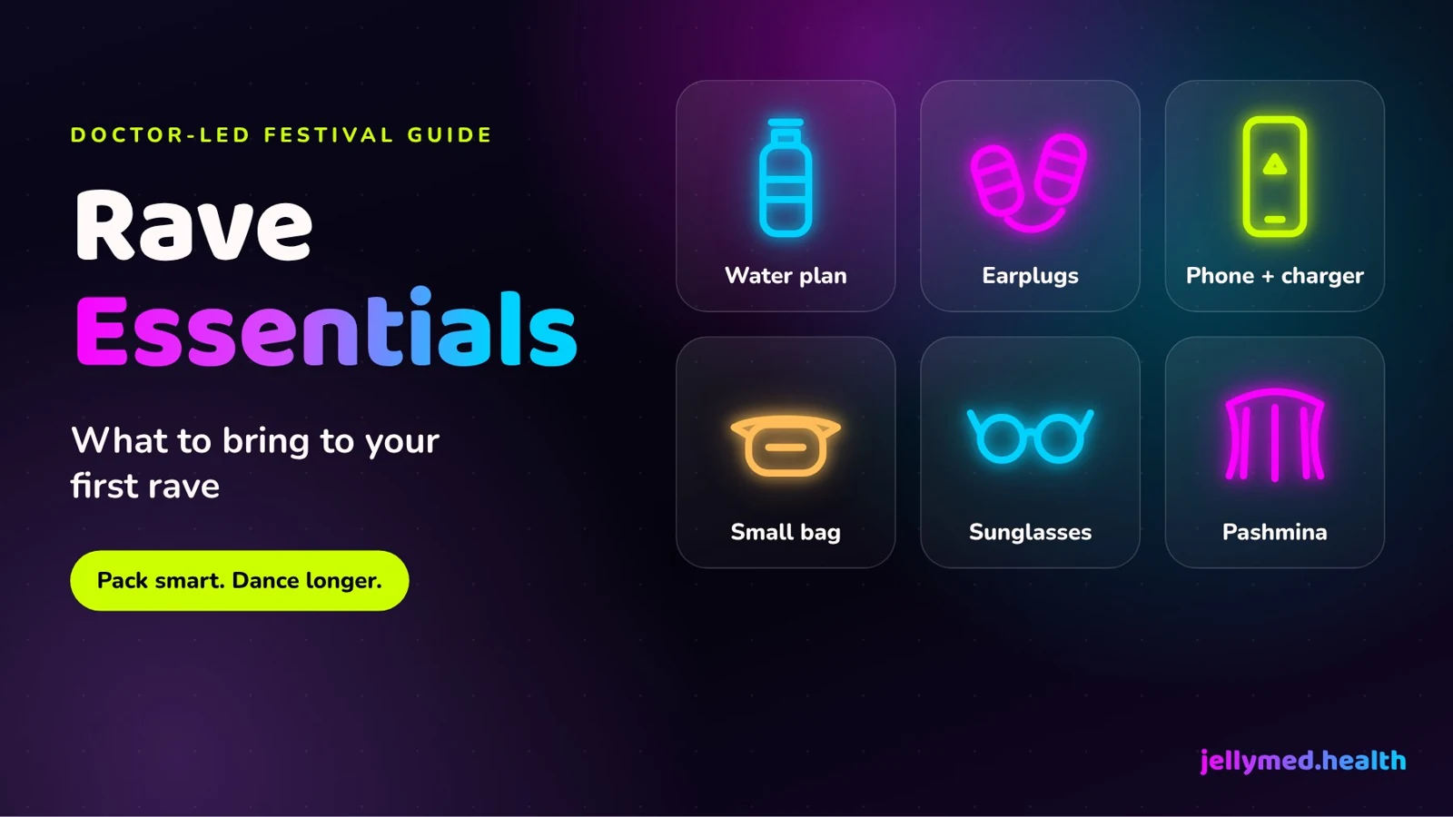 Neon flat lay of rave essentials on a dark background: water bottle, earplugs, phone, fanny pack, sunglasses and pashmina