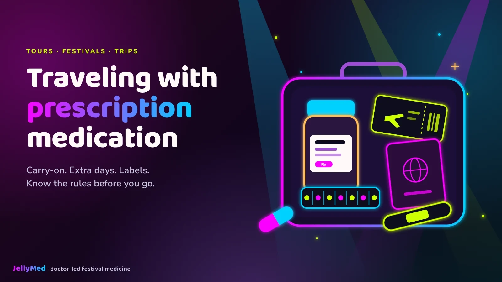 Traveling with prescription medication: a labeled pill bottle, passport and boarding pass in an open carry-on bag under magenta and cyan concert lights